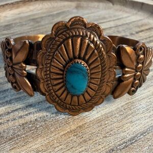 Vintage solid copper faux turquoise southwestern style cuff bracelet